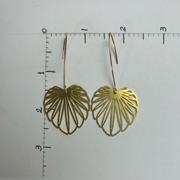 Gold Delicate Leaf Earrings - Long Minimalist Brass Earrings - Picture 11 of 11